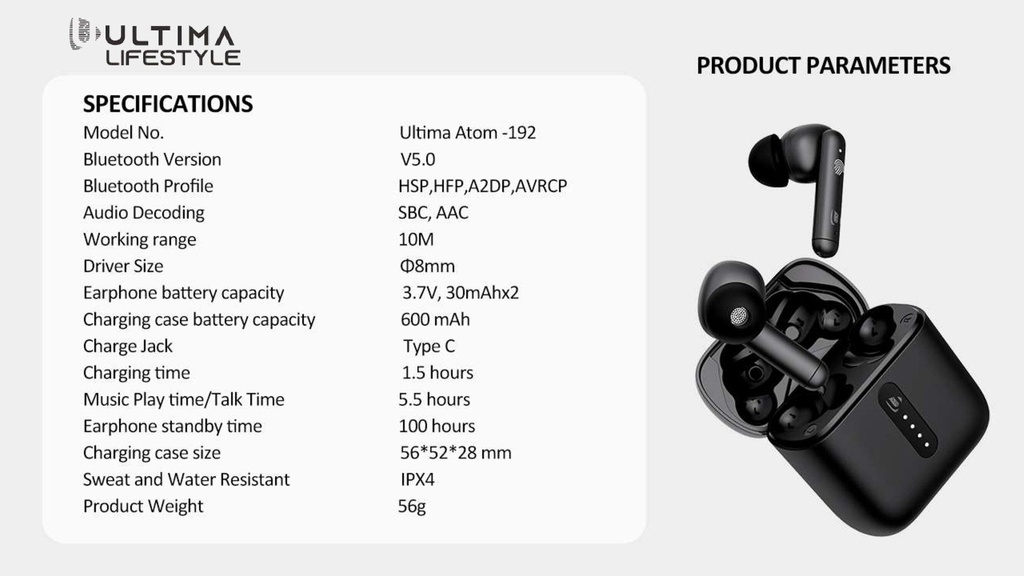 Ultima Atom 192 Bluetooth Truly Wireless Earbuds With Mic, 42H Playtime, Beast Mode For Gaming, Asap Charge, Ipx4